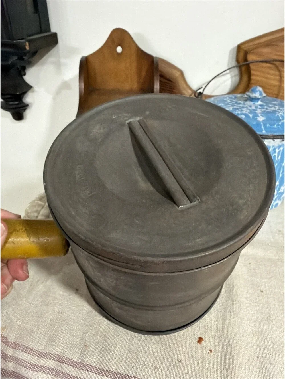 Antique Kitchen 5 Cup DUPLEX SIFTER Yellow Handle both lids flour Primitive Farm